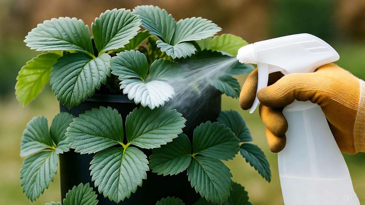  "Strawberry planting tower with powdery mildew treated with baking soda spray." 