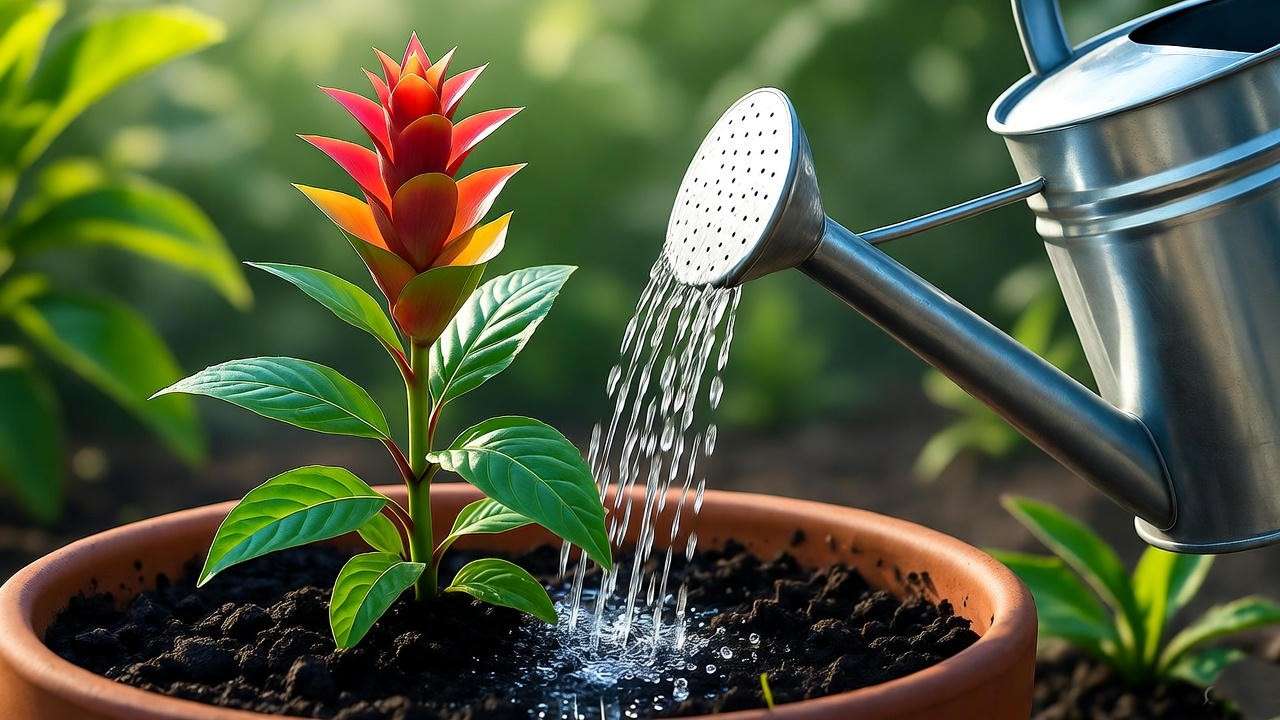 "Shrimp plant being watered gently with a can, showing moist draining soil" 