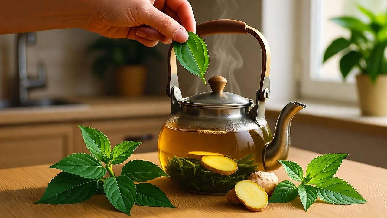 "Fresh Krishna Tulsi leaves in a teapot with ginger for immunity tea." 