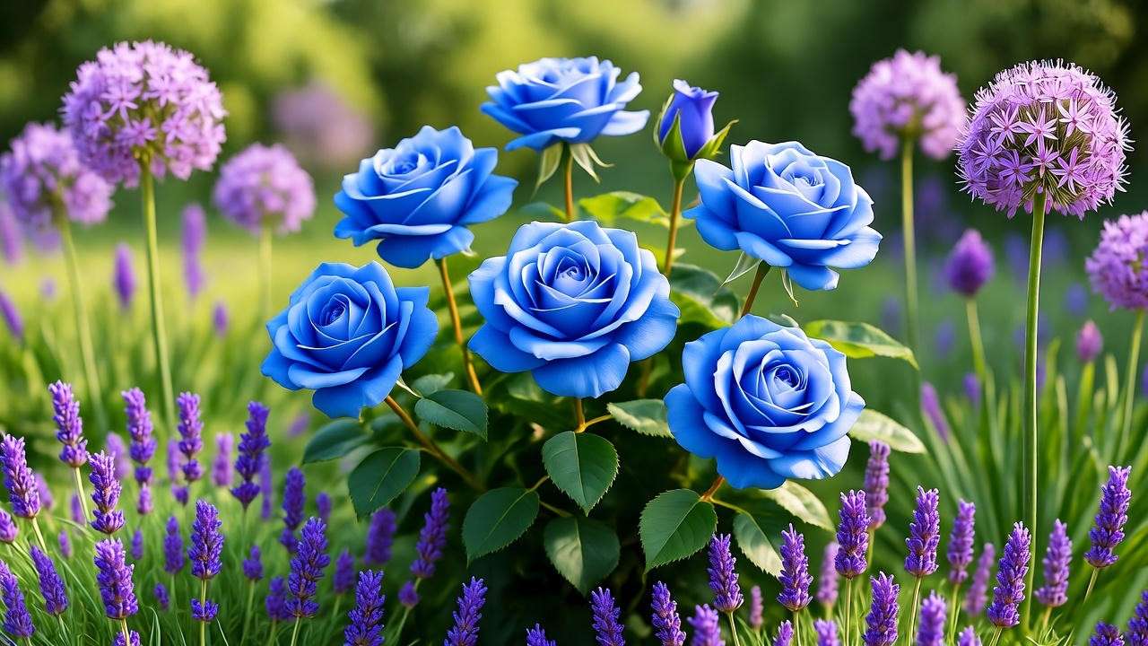 Landscaped garden with blue rose bush, lavender, and alliums for companion planting.