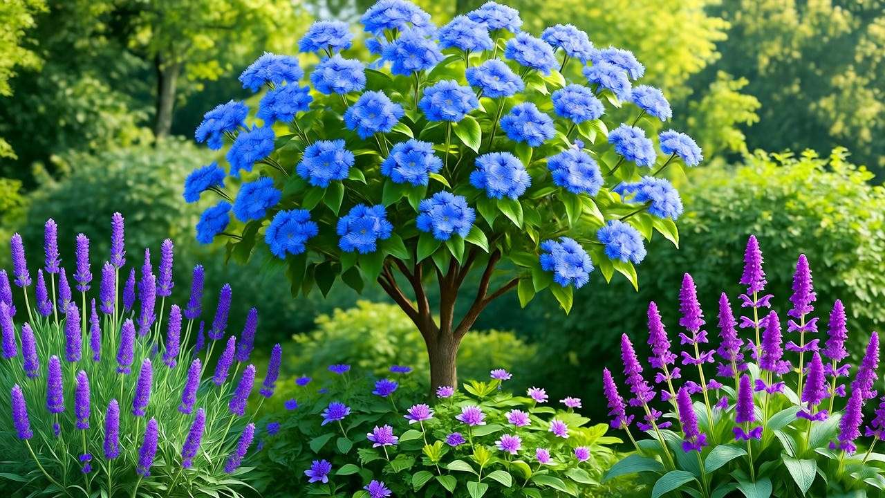 "Garden with a tree with blue flowers and companion plants like lavender and salvia