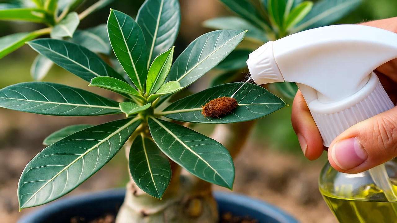 "Desert rose bonsai with spider mites and neem oil treatment."