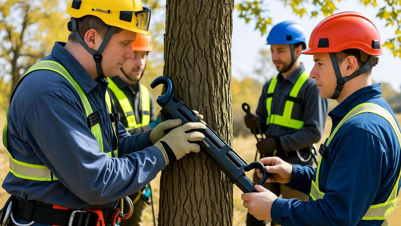 Arborists training with tree climbing spikes under instructor supervision". 