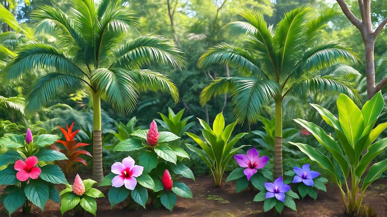 "Tropical garden with royal palm plants and colorful companion plants" 