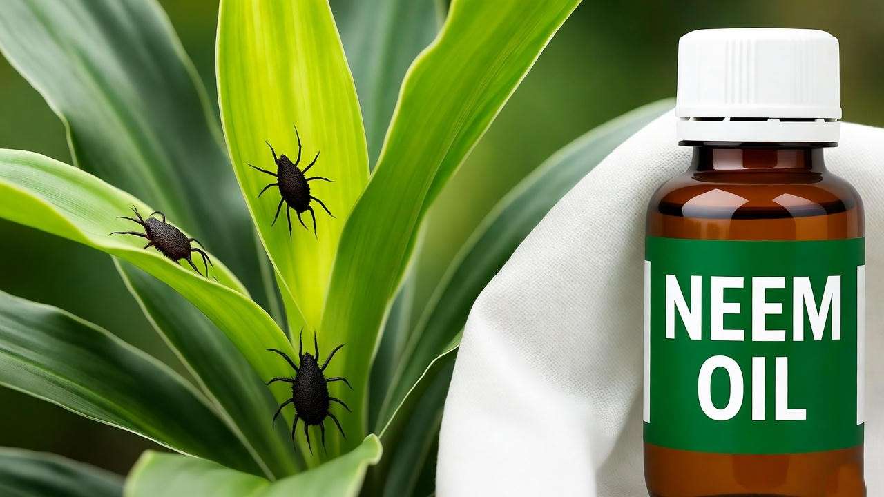 Dracaena spike plant leaf with spider mites and neem oil treatment.' 