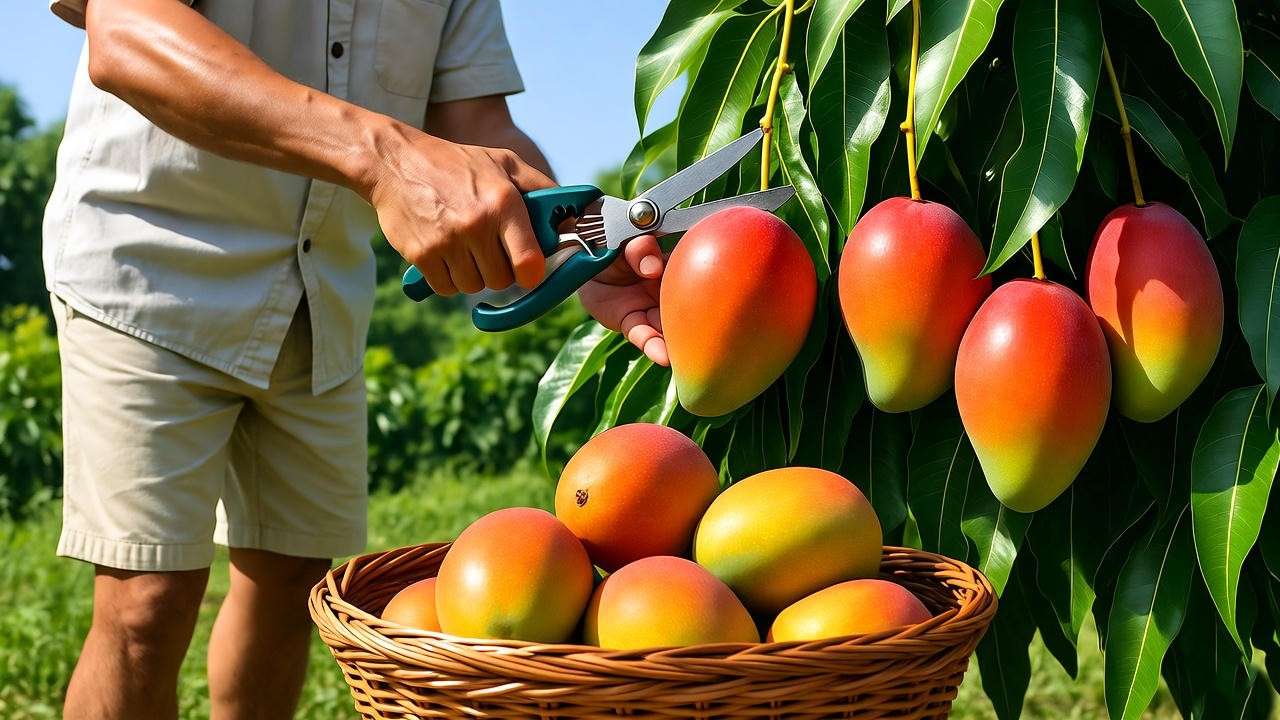 "Gardener harvesting ripe Alphonso mangoes with a basket in a tropical garden
