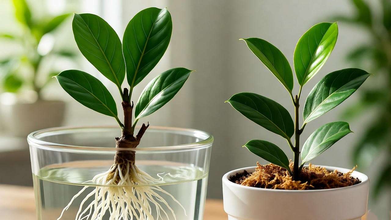  'Propagated Audrey Plant cutting rooted in water with a potted young plant and parent plant background' 