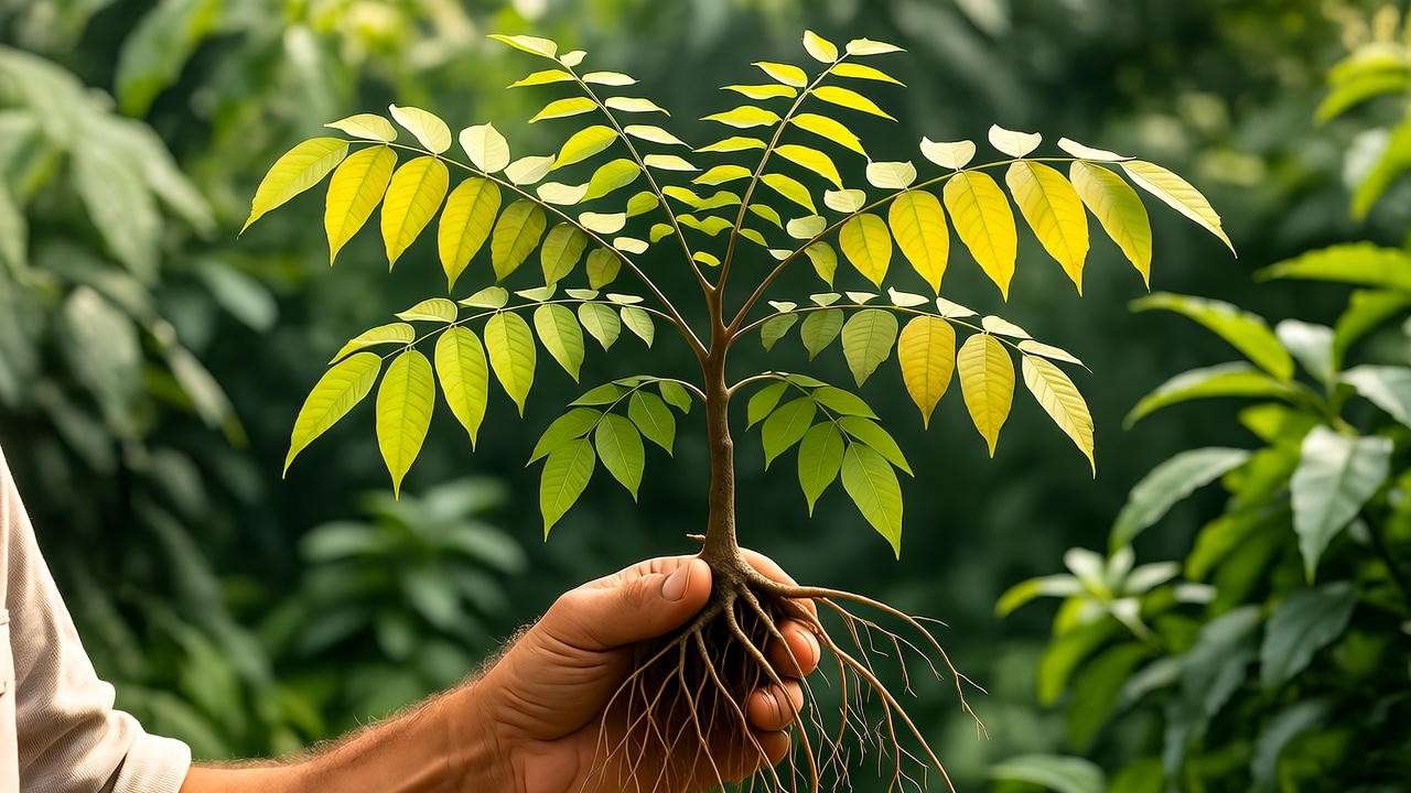 "Tamarind tree with yellowing leaves and gardener inspecting roots in a garden." 