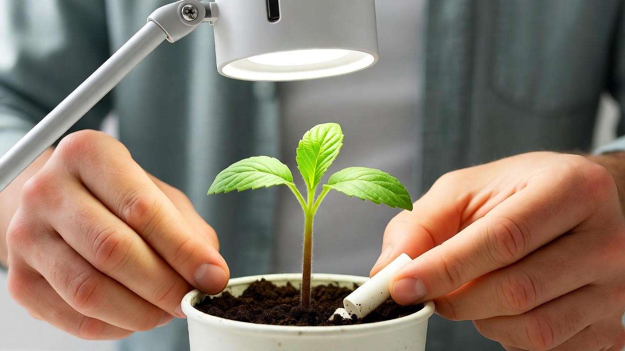 "Gardener adjusting grow light and fertilizing a weak strawberry seedling." 