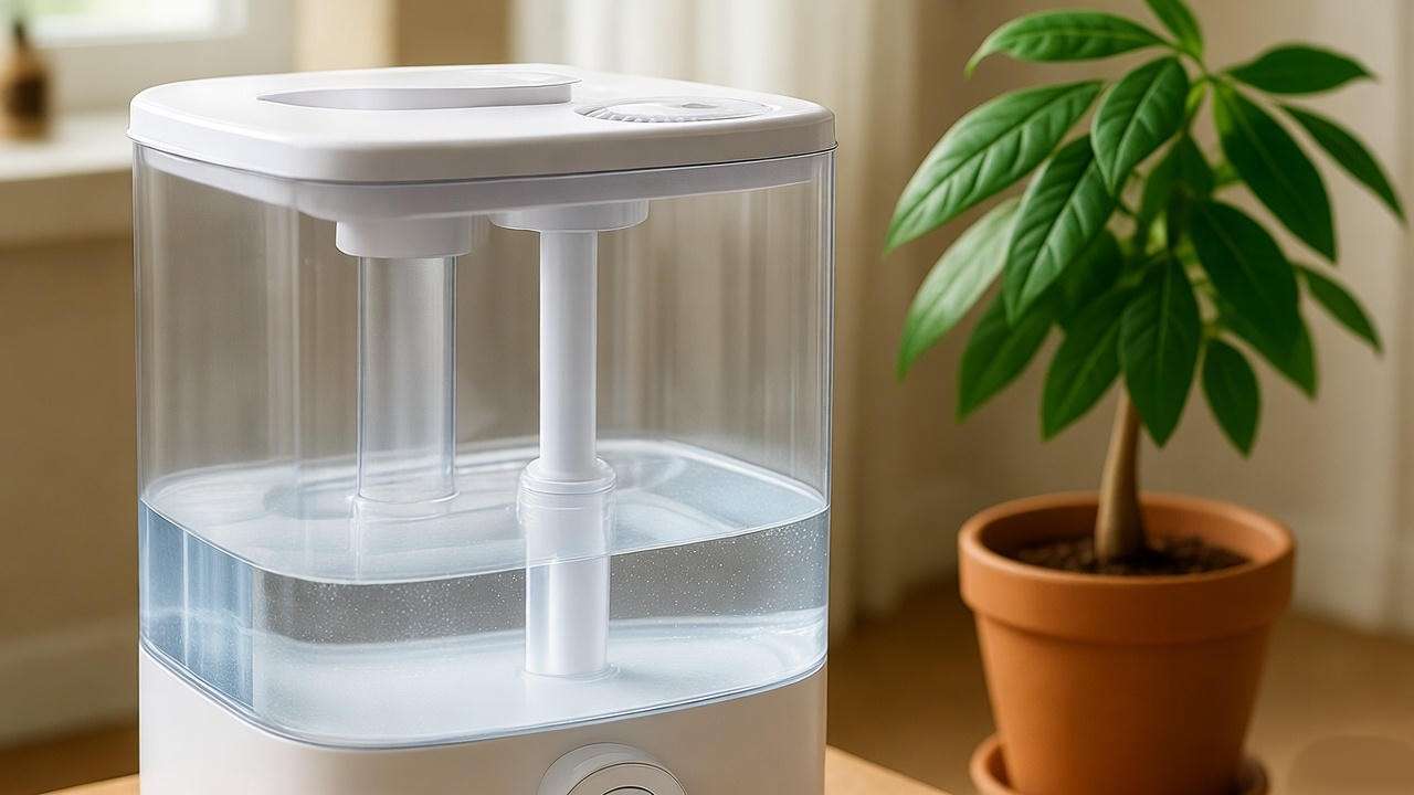  "Cleaning humidifier tank with Money Tree nearby in tidy indoor space" 