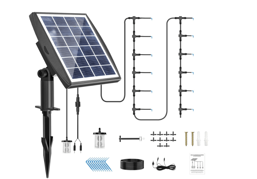 Solar Automatic Drip Irrigation Kit System, JIYANG Solar Powered Auto Easy DIY Watering Device Supported Pots Plants, 6 Timing Modes with Anti-Siphoning