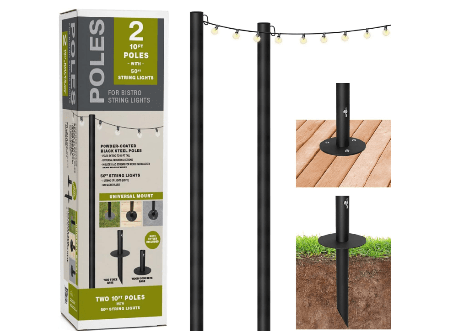 
EXCELLO GLOBAL PRODUCTS Bistro String Light Poles - 2 Pack - Extends to 10 Feet - Universal Mounting Options Included with 50 ft. of G40 LED Lights 