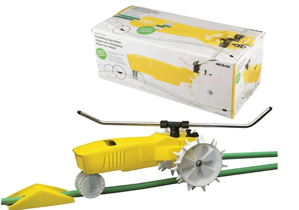 Nelson Rain Train 13,500 Square Feet Cast Iron Outdoor Lawn Traveling Water Sprinkler for Yard, and Garden, with Auto Shut Off, Yellow