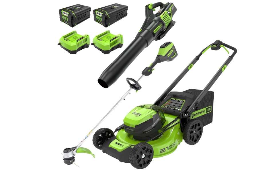 Greenworks 80V 21" Cordless Battery Push Lawn Mower,16" Cordless Battery String Trimmer & 730 CFM Leaf Blower,Combo Kit w/ (1) 4.0Ah Battery...
