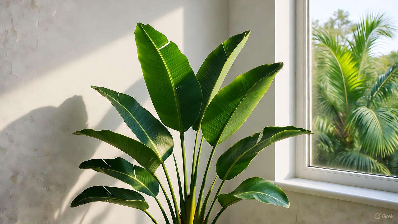 "Large green leafed plant under ideal indoor light, tropical houseplant care tips"