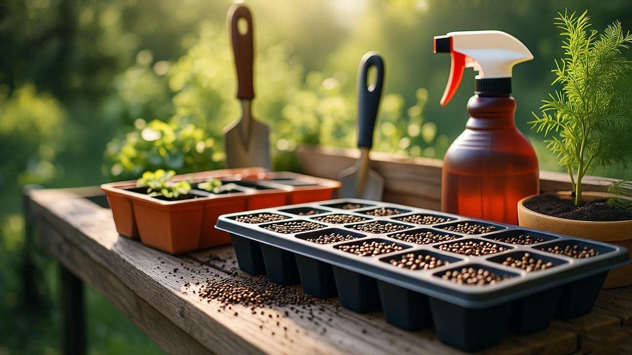 Workspace with seed trays, birch seeds, and gardening tools." 