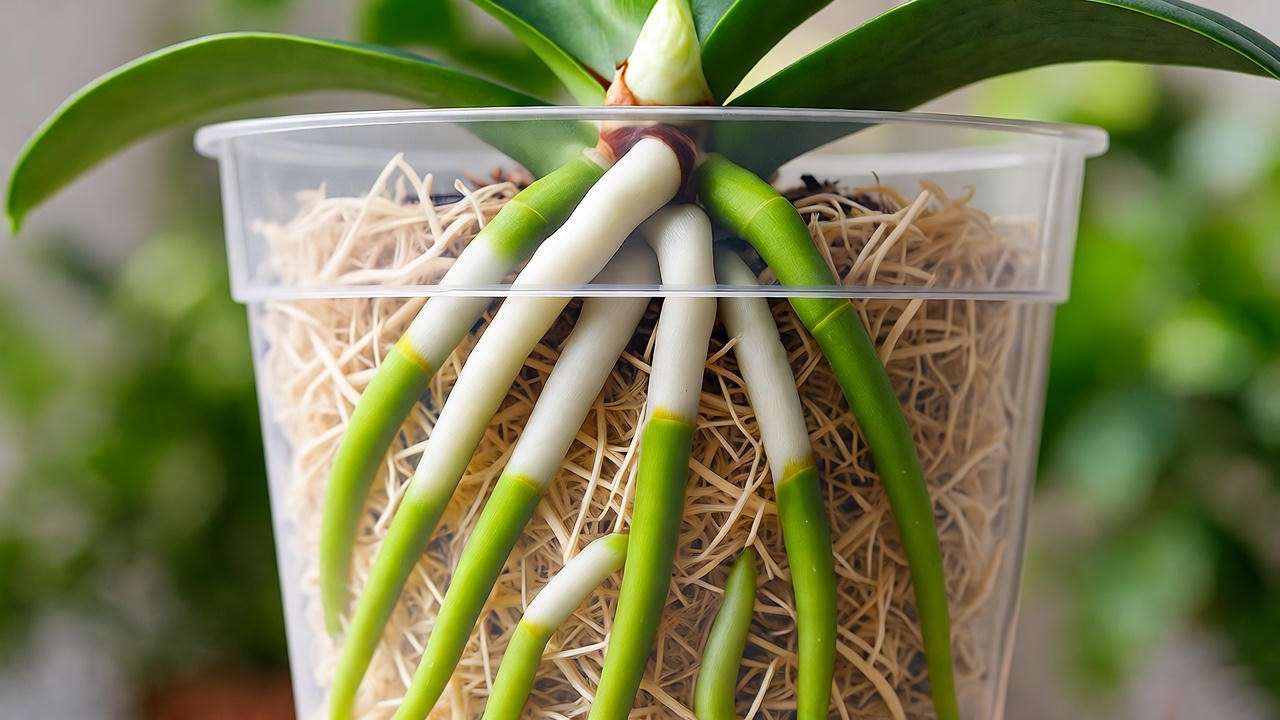 "Close-up of healthy mini orchid roots in clear pot with bark mix for indoor care.