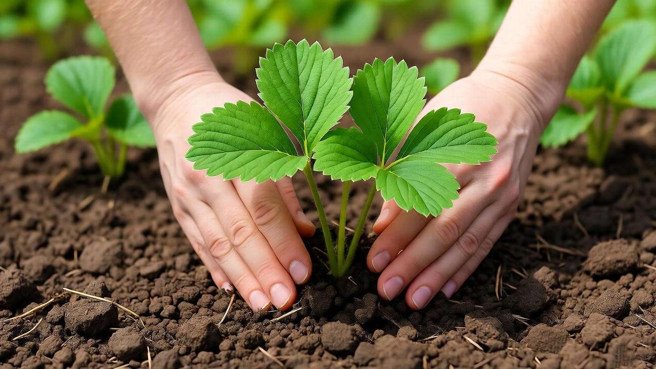 Close-up of Honeoye strawberry plants being planted in well-drained soil by a gardener's hands.