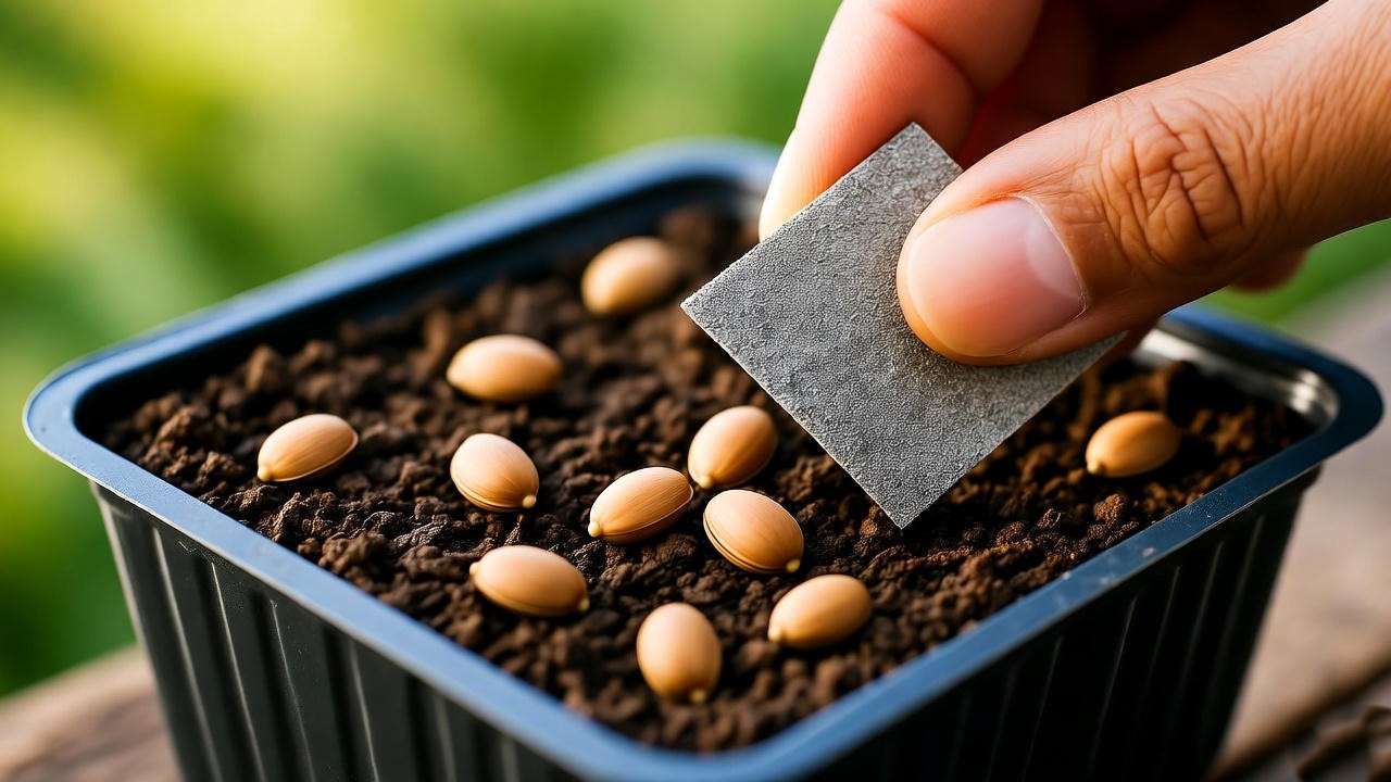 "Close-up of sensitive plant seeds being scarified with sandpaper in a seed tray for germination."