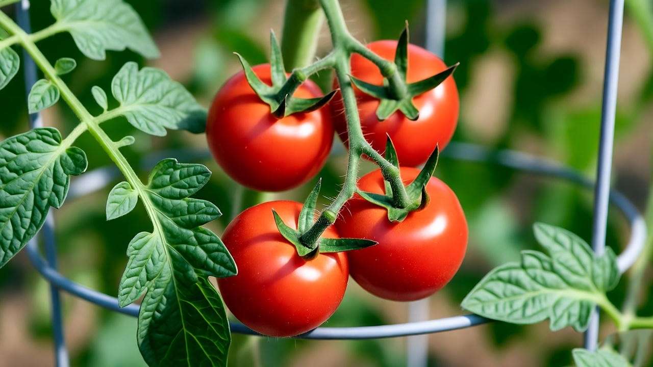 "Close-up of a Juliet tomato plant with ripe tomatoes in a garden bed supported by a tomato cage."