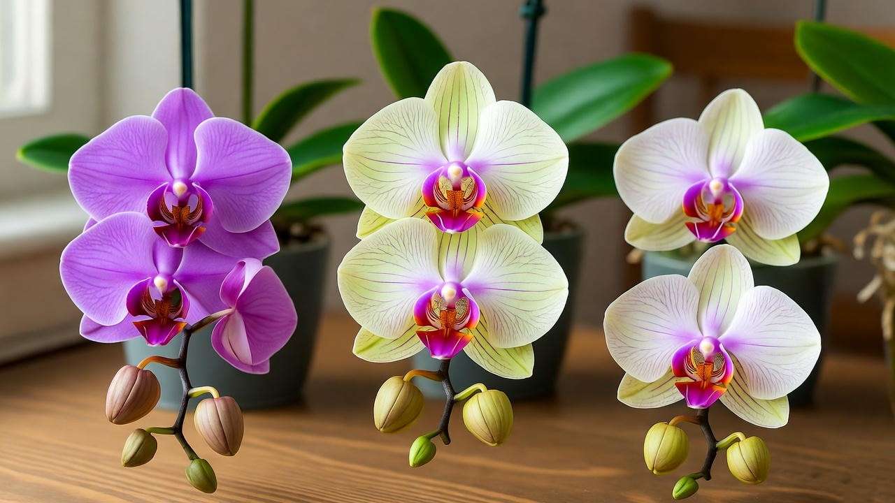 "Variety of Japanese orchid plants in bloom on a wooden table, showcasing Neofinetia falcata and more" 