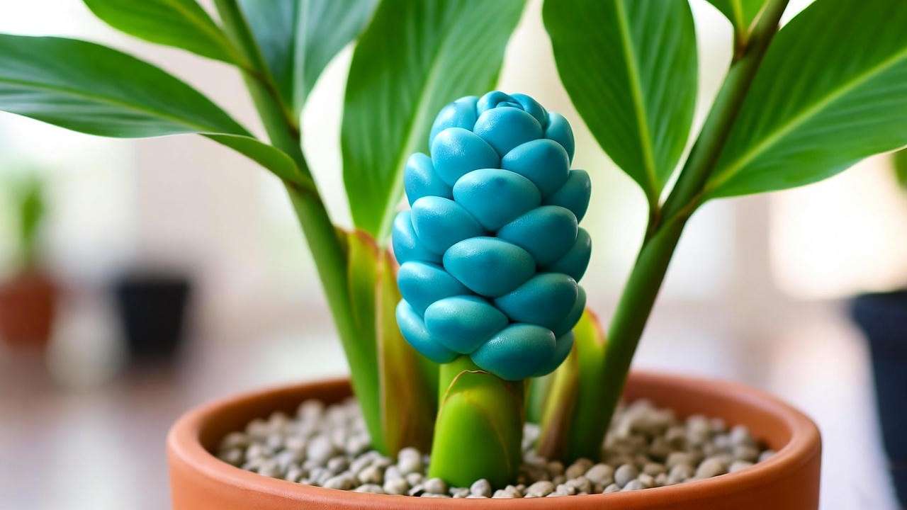 "Blue ginger plant thriving in a terracotta pot with a pebble tray and indirect light."