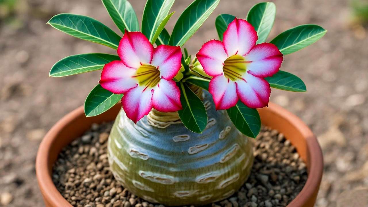 "Close-up of a desert rose tree with pink and white blooms and sculptural caudex in a terracotta pot."