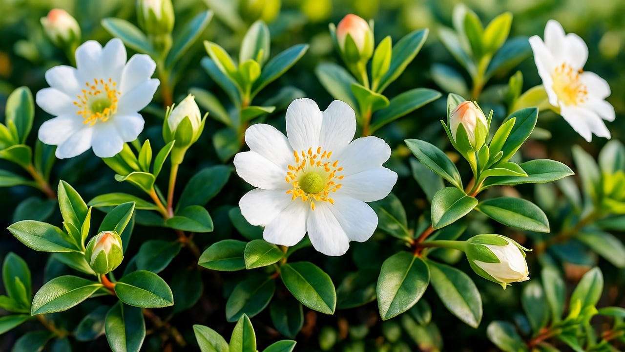 Close-up of snow rose plant with white star-shaped flowers and evergreen leaves, ideal for plant care enthusiasts. 
