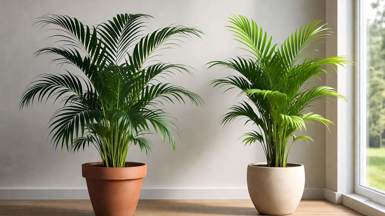 Parlor Palm and Areca Palm in stylish pots in a bright living room, perfect for indoor tropical decor." 