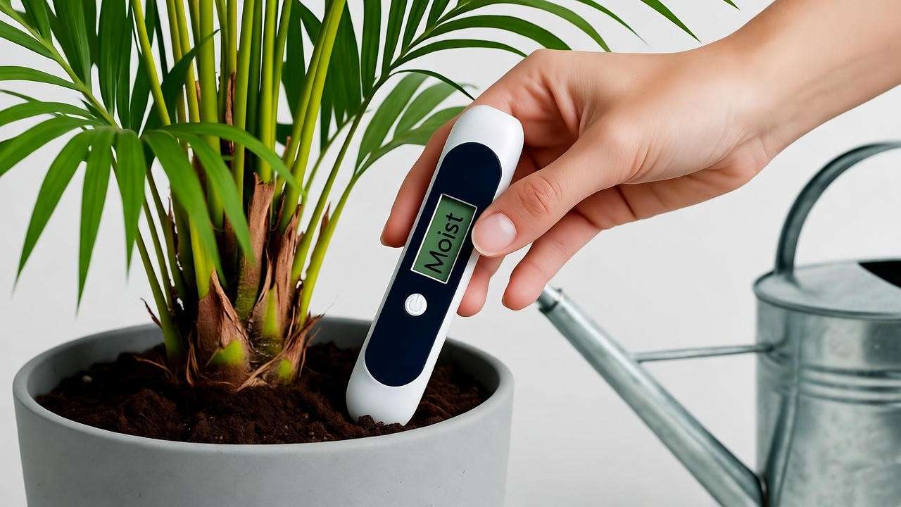 "Hand checking majesty palm soil moisture with a meter and watering can nearby."
