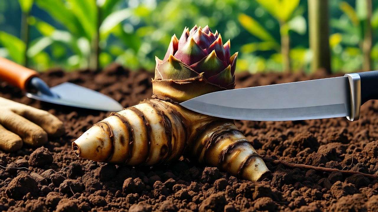 "Close-up of red ginger rhizome division in rich soil with gardening tools."