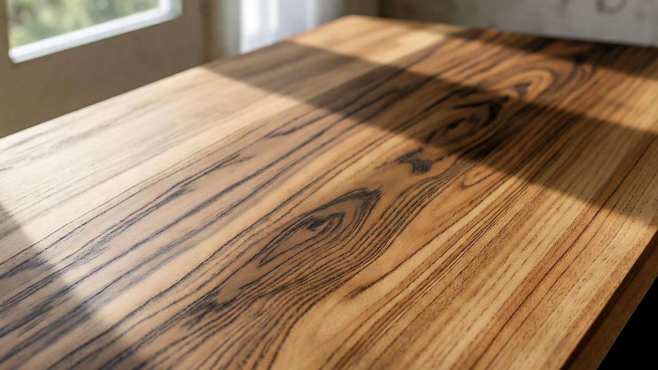 "Close-up of a mango wood dining table with rich grain patterns in a bright indoor setting". 