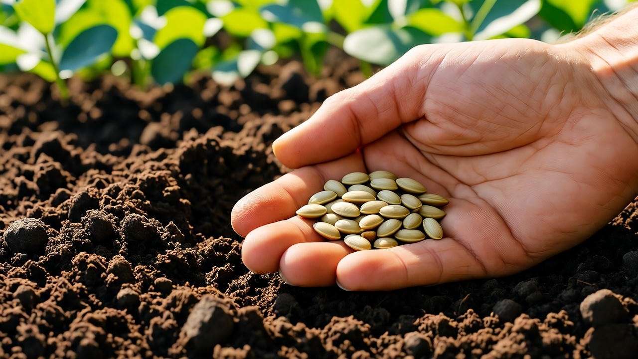 : Close-up of garden soil with compost and asparagus bean seeds for planting. 