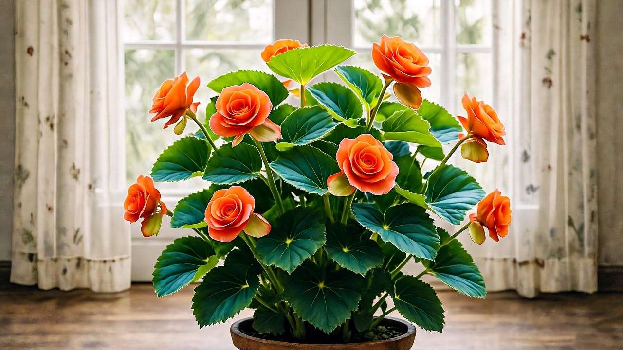 "Begonia indoor plant thriving in bright, indirect light near a sheer-curtained window."