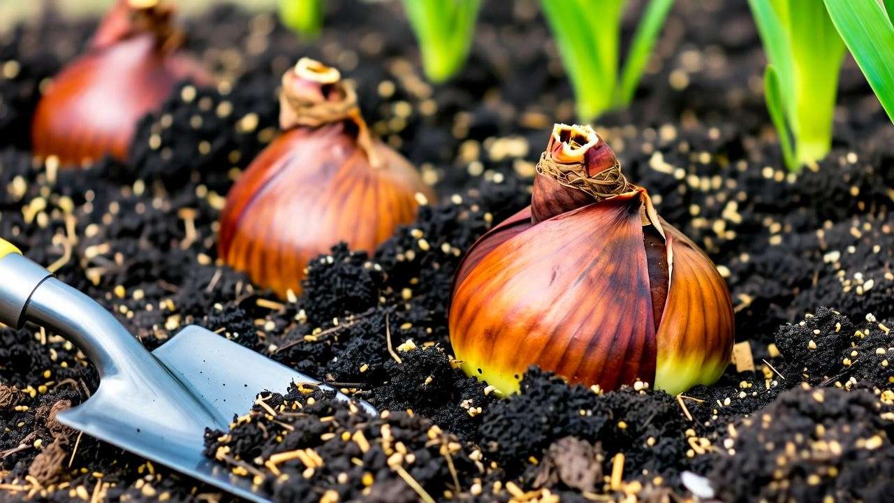 "Close-up of tall lily bulbs being planted in well-drained soil with gardening tools".