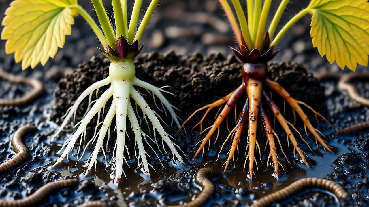  Strawberry plant root rot from overwatering: healthy roots vs yellow leaves and decayed brown roots in soggy soil 