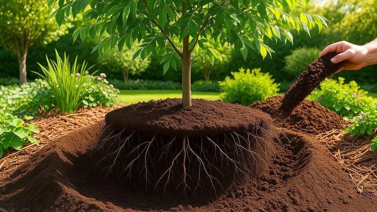 "Planting a Raywood Ash Tree with compost in well-draining soil in a sunny garden".