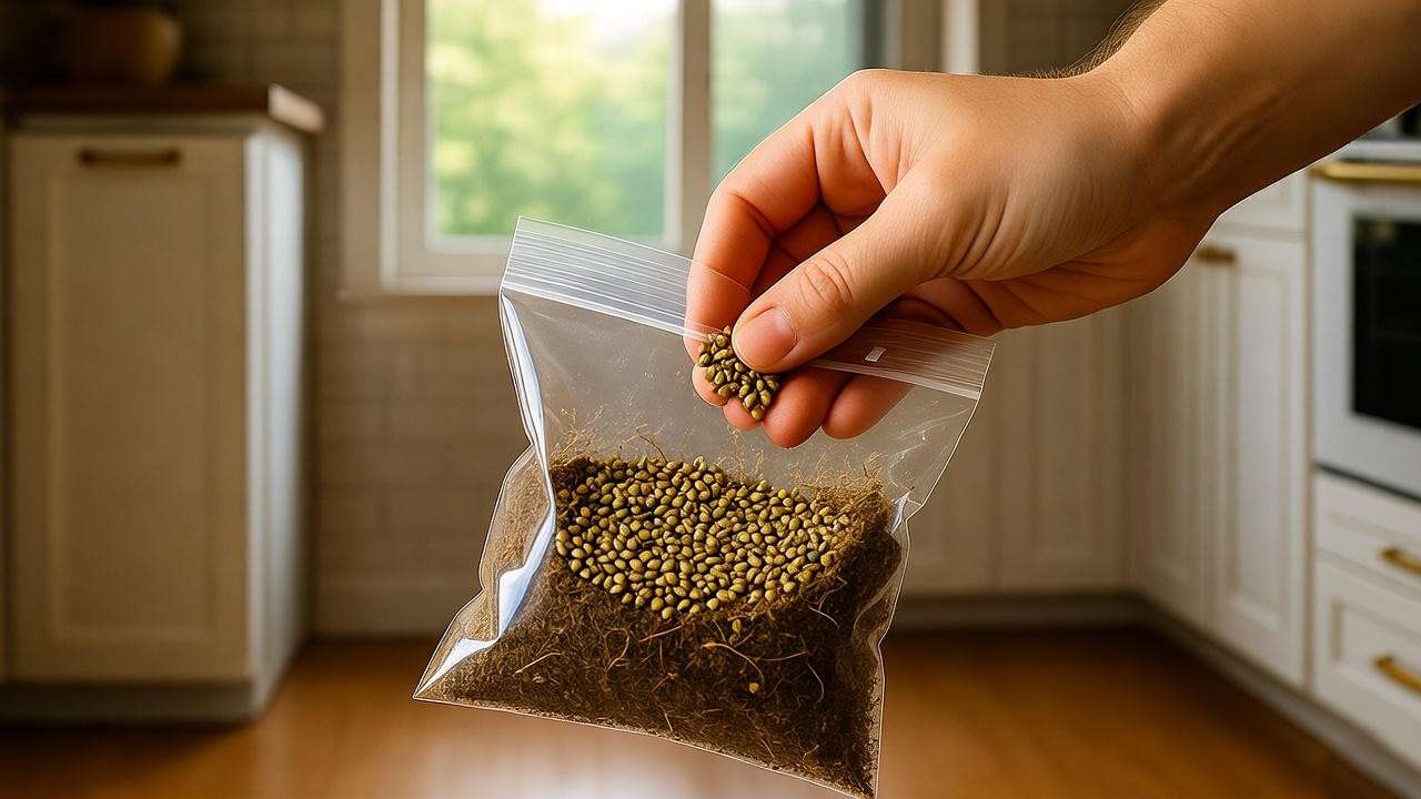 Hand stratifying birch seeds with peat moss in a plastic bag." 