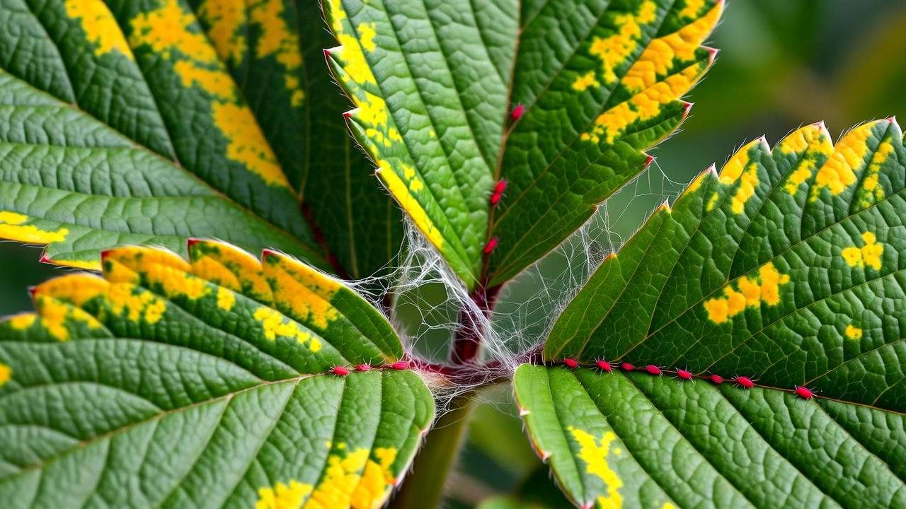 Spider mites causing yellowing on strawberry plant leaves: webbing and stippling damage close-up 