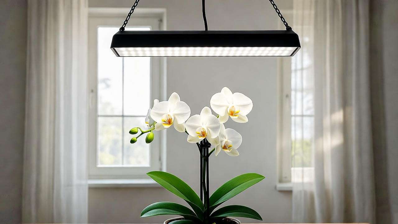 "Mini orchids thriving under LED grow light with bright indirect indoor lighting." 