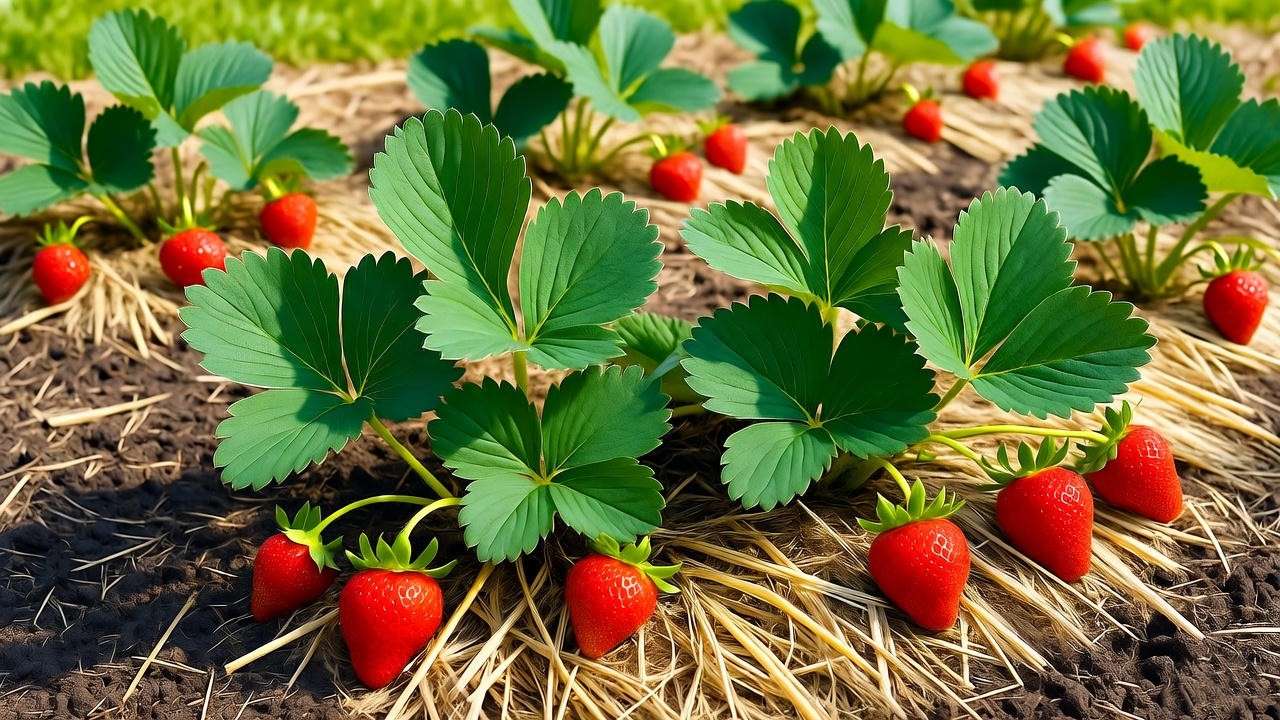  "Honeoye strawberry plants with straw mulch in a weed-free garden bed." 