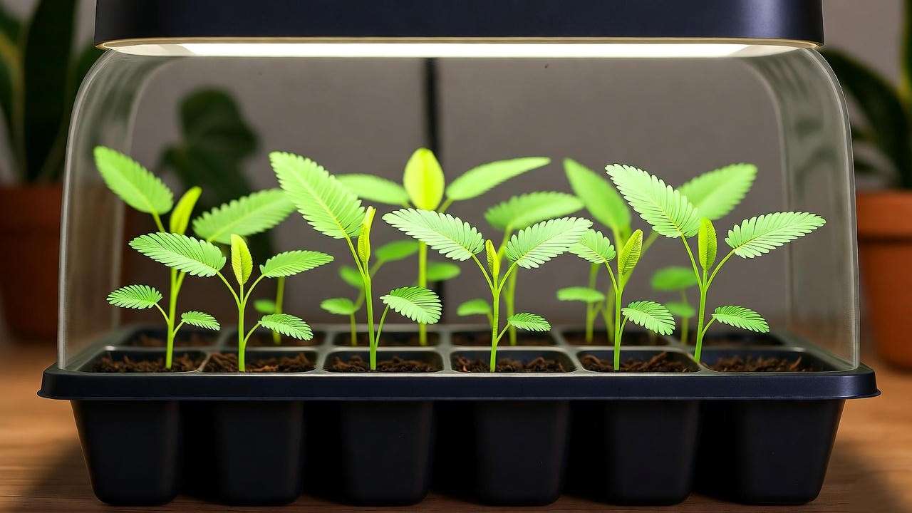 "Young Mimosa pudica seedlings in a tray under LED grow light with humidity dome." 
