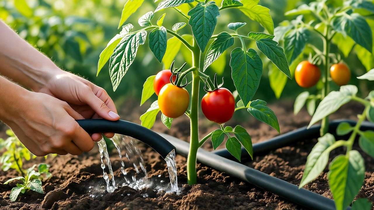 "Gardener watering a Juliet tomato plant with a drip irrigation system in a healthy garden." 