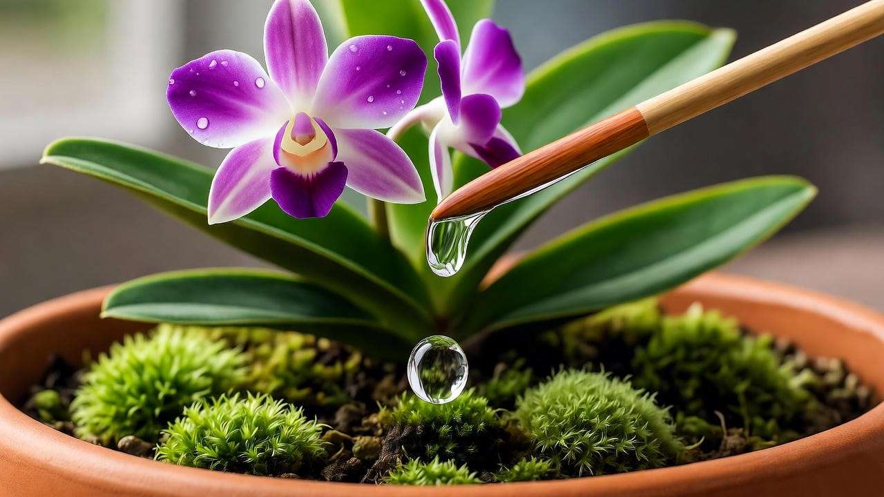 "Close-up of Japanese orchid plant watering with Poke Test skewer in mossy pot" 