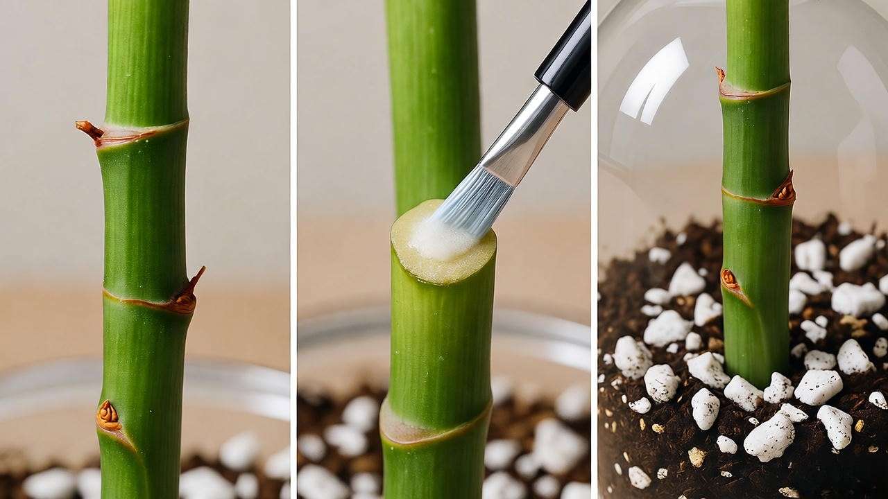 "Step-by-step propagation of blue ginger plant with stem cuttings and humidity dome."