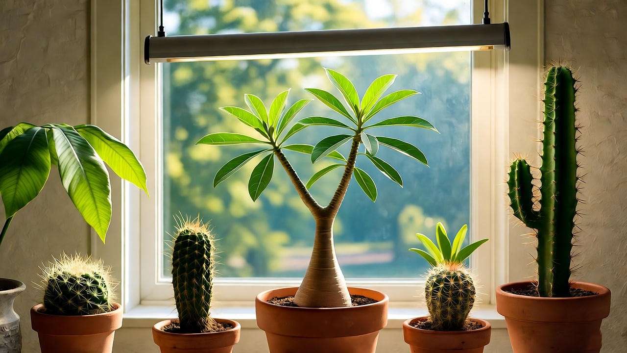 "Desert rose tree thriving under sunlight and grow light near a window."