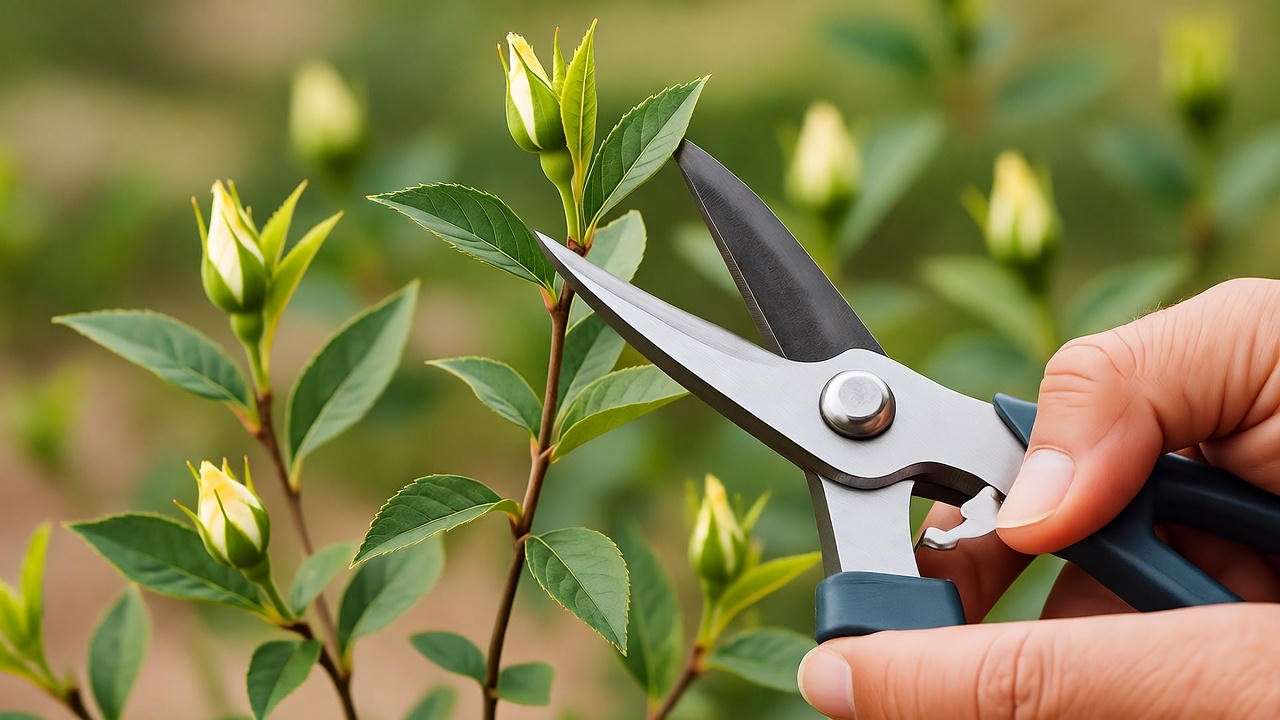 Hands pruning a snow rose plant with shears, demonstrating expert care techniques for healthy growth. 