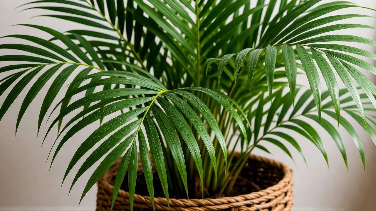 "Close-up of a Majesty Palm in a woven pot with water droplets, showcasing indoor palm care tips." 