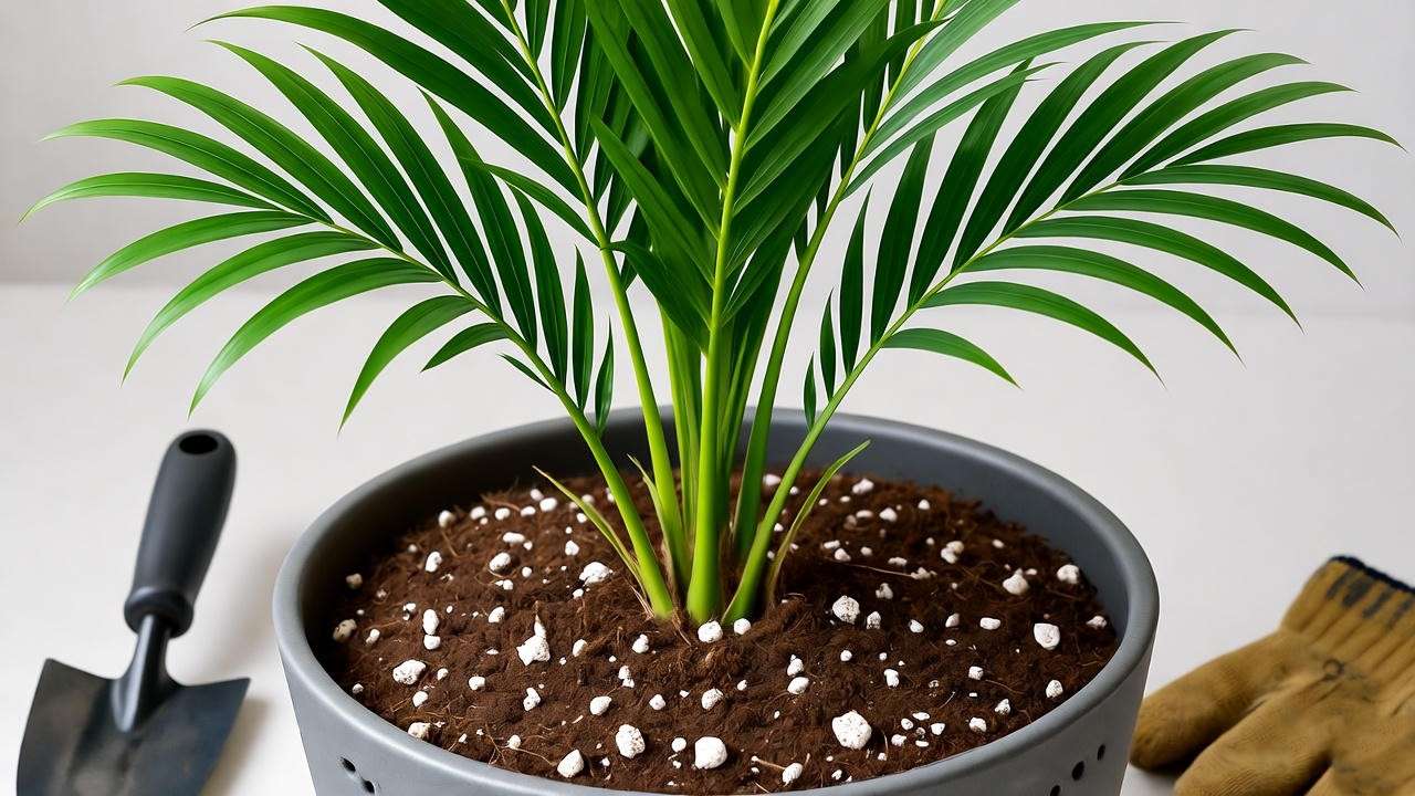  "Majesty palm in a peat-based potting mix with perlite and drainage holes, surrounded by gardening tools." 