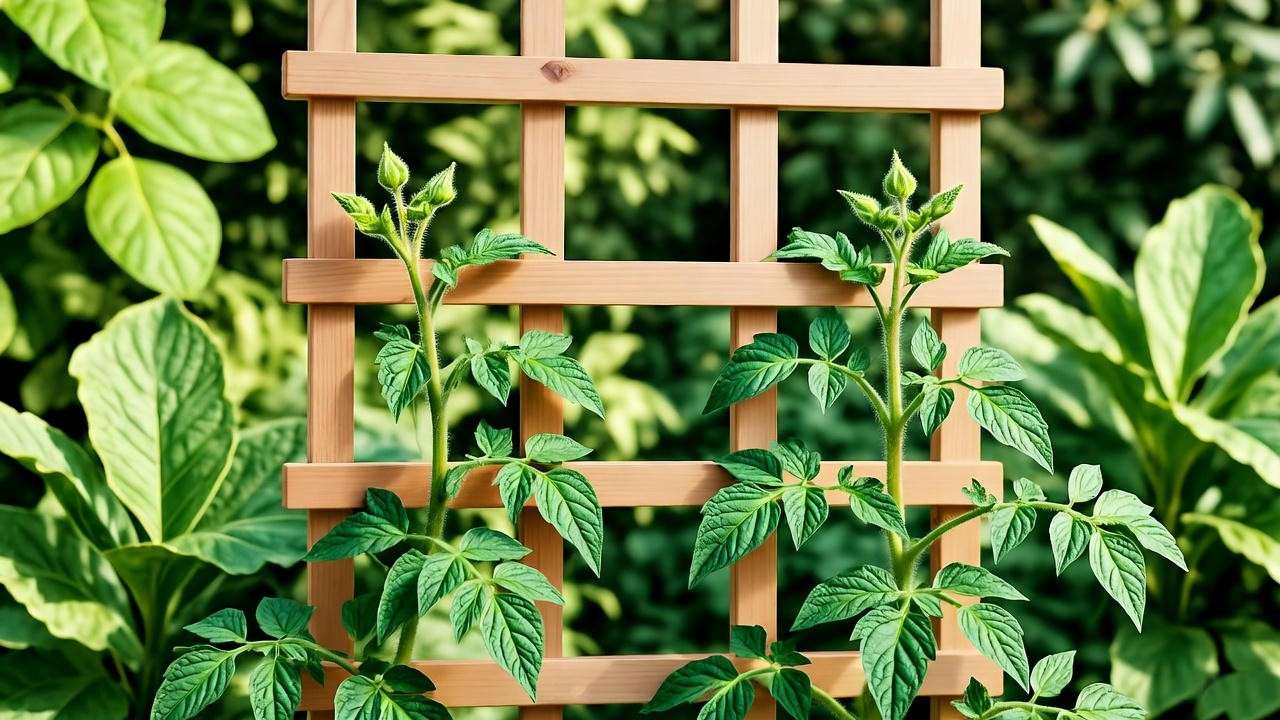  "Mango wood trellis supporting climbing plants in a lush garden". 